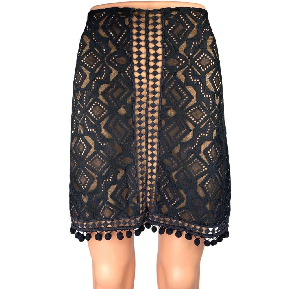 For Love & Lemons Black Nude Lace Crochet Pompom Mini Straight Pencil Skirt M